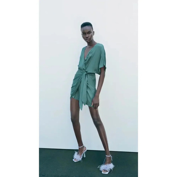 Zara Green Satin Effect Wrap Dress Size Small Coctail Wedding - Picture 1 of 9